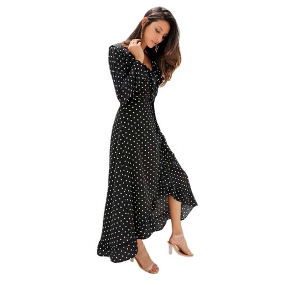 Dresses & Skirts - NWT Polka Dot Wrap Dress - Flowy V-Neck Maxi Dress